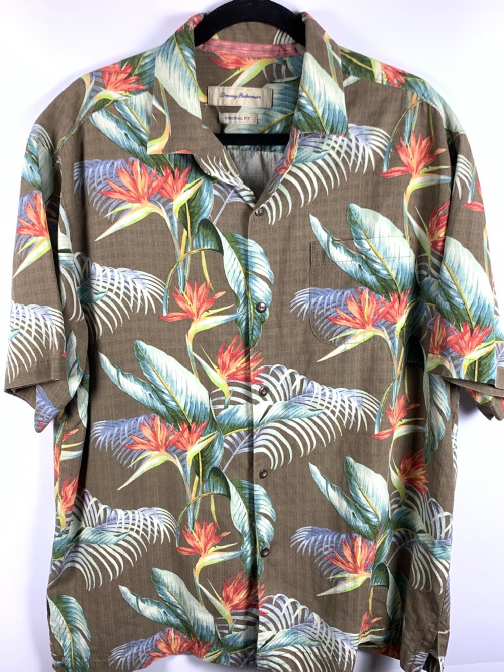 Tommy Bahama Silk Shirt Mens L Brown Birds of Paradise Tropical Camp